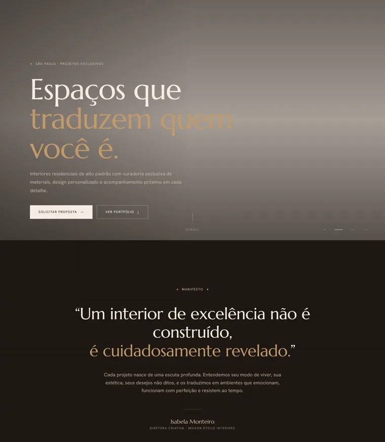 Topo da página inicial do site Maison Étoile Interiors